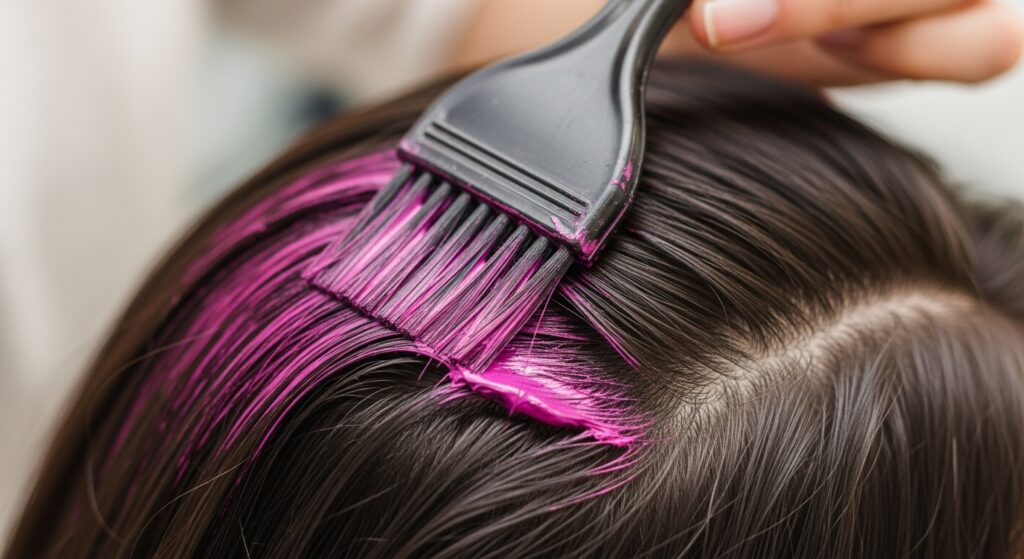 Home hair dye being applied to roots for honey blonde color.
