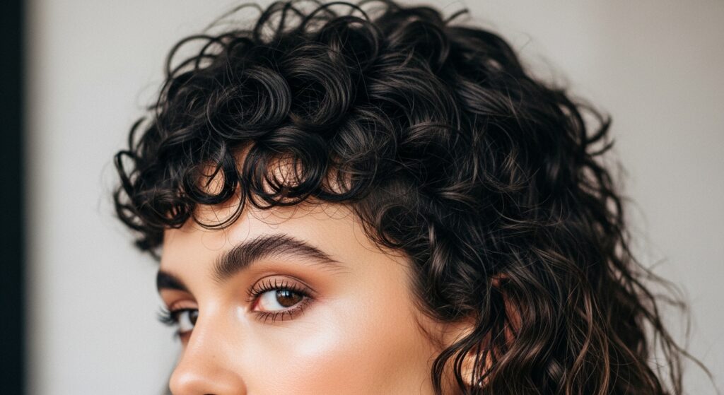 A close-up image showing tight curls styled into a layered mullet