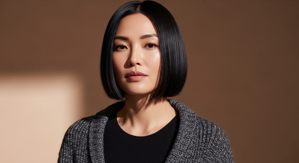 Woman with blunt shoulder-length haircut in natural light.