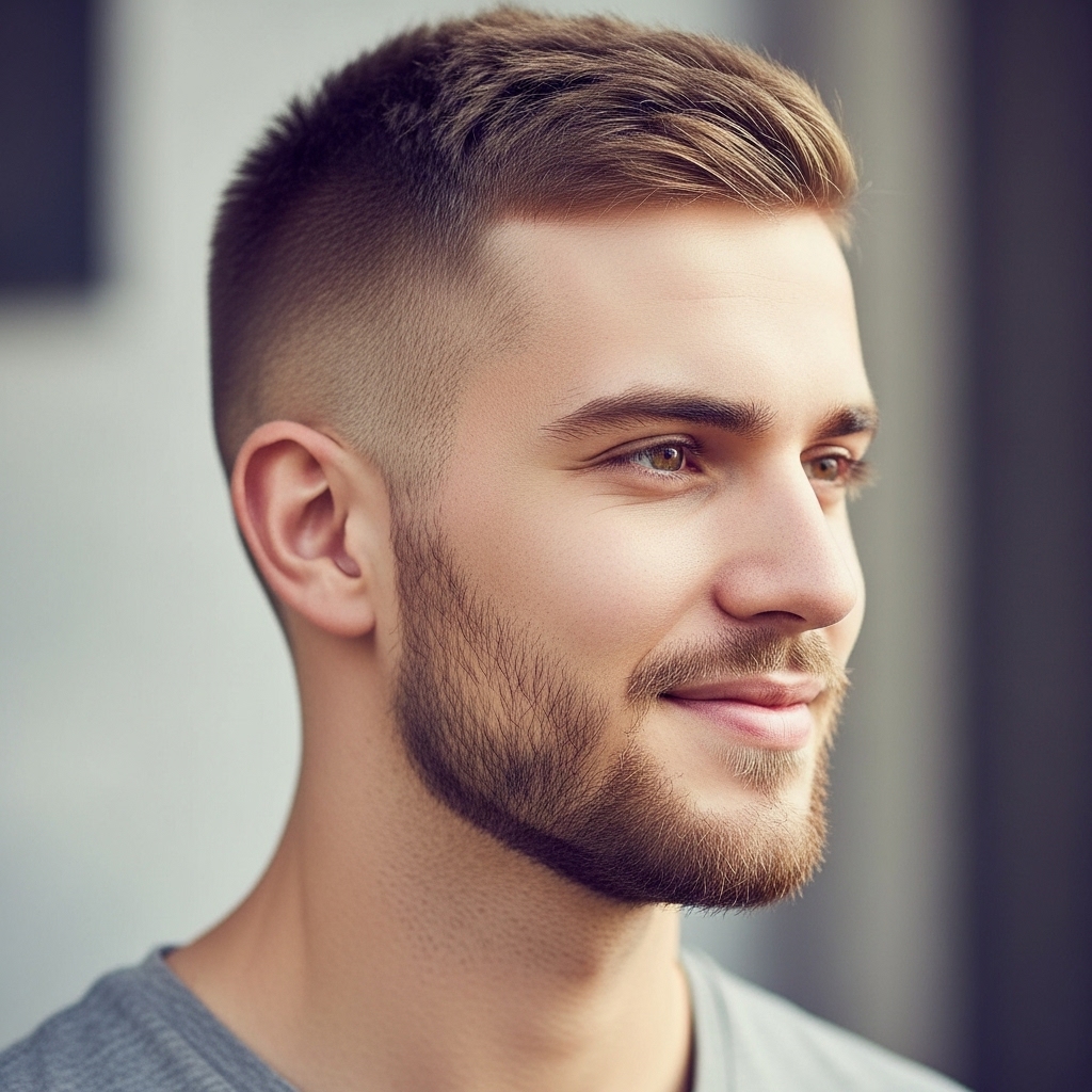 Crew cut hair with trimmed beard style