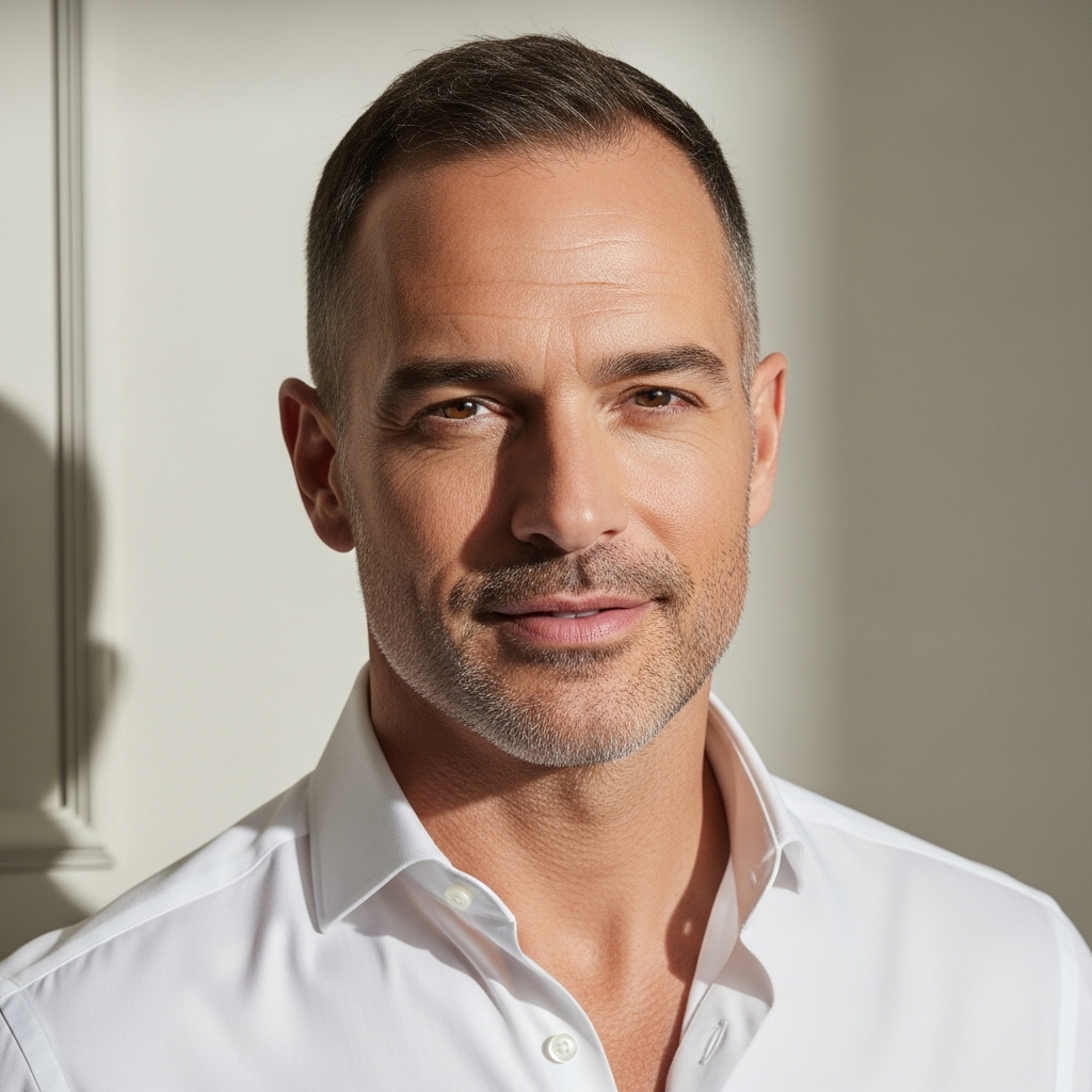 Crew cut for receding hairline on middle-aged man