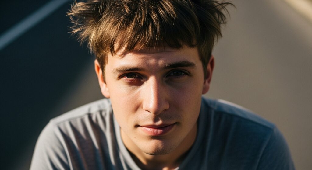 Man with diamond face shape and messy fringe haircut