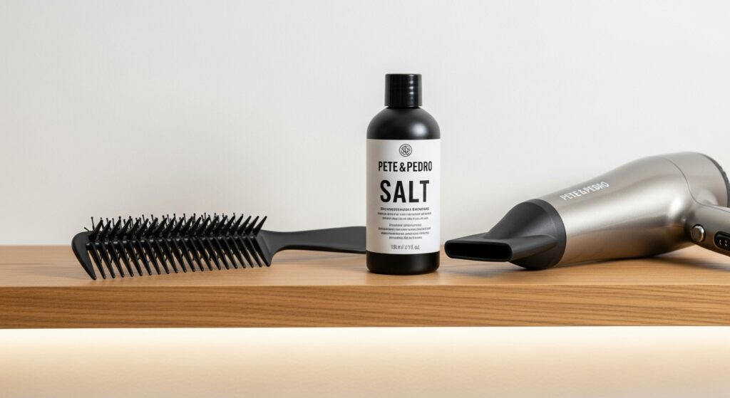 Pete and Pedro sea salt spray in a daily hair routine setup.