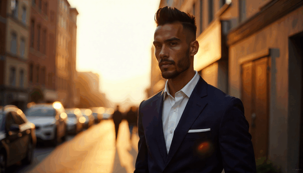 A man with a straight hair type has a classic low taper fade haircut with side part.