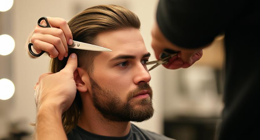 A man has been given a new haircut, a textured one combined with a low taper fade.