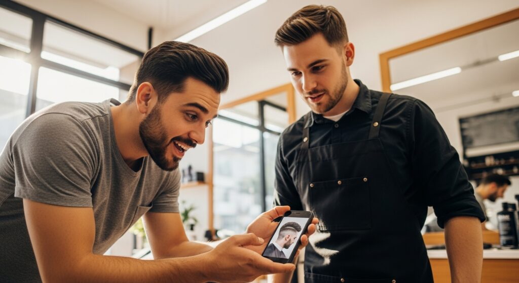 Client showing buzz cut fade reference photo to barber.