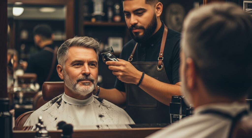 Barber showing a #3 clipper guard to a man before starting his haircut