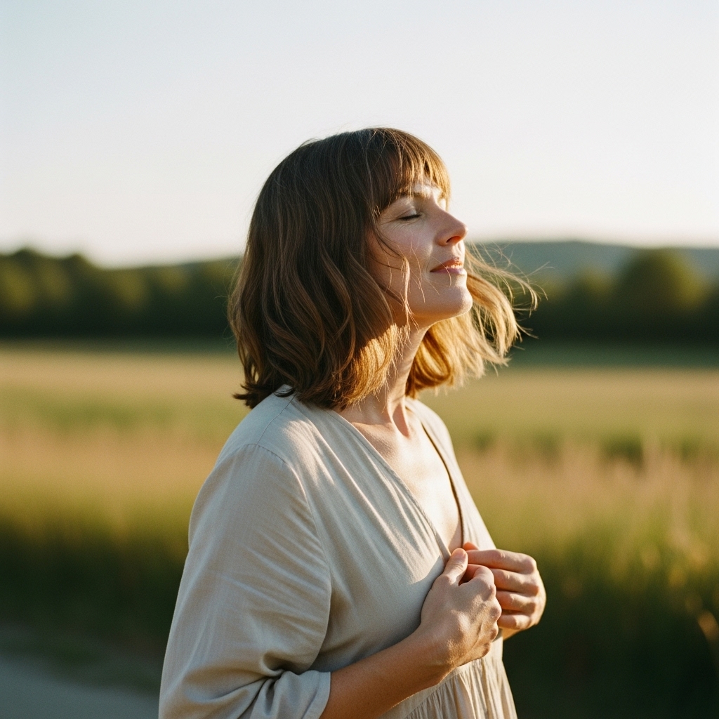 A woman with a medium-length shag haircut is feeling the sun.