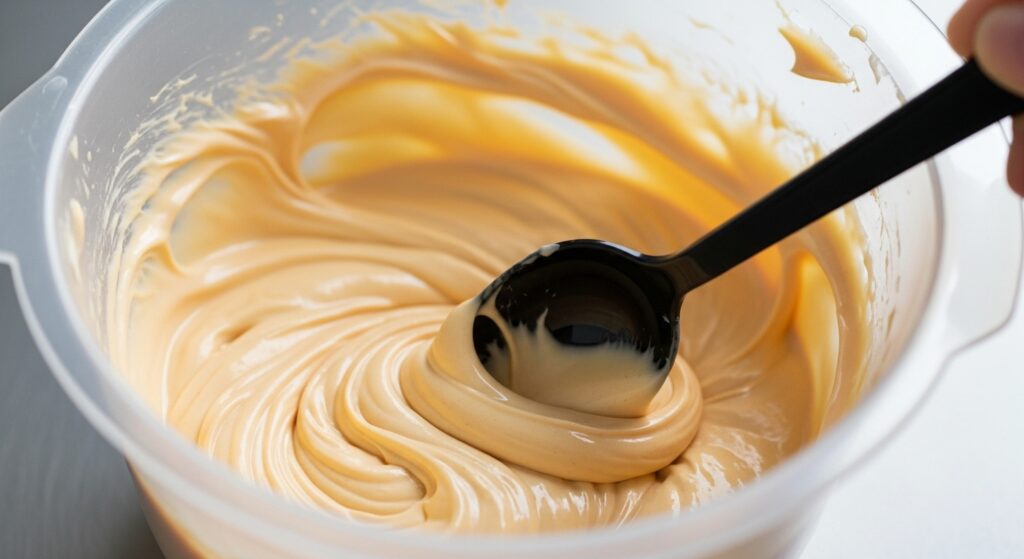 Stirring honey blonde hair dye mixture at home.