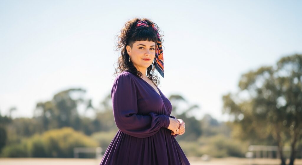 Casual outdoor photo of a woman with a scarf tying back her curly mullet