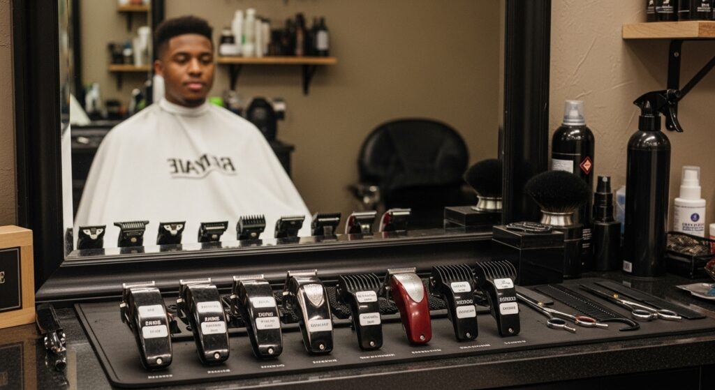 Clipper guards laid out as a man prepares for a haircut in a barbershop setting