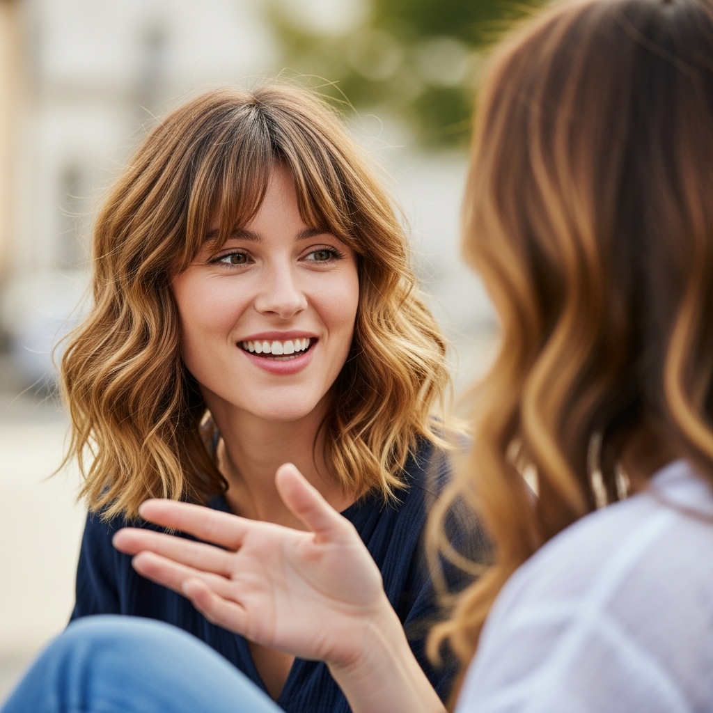 Medium length hair with a front fringe and natural-looking curls, and the owner is smiling