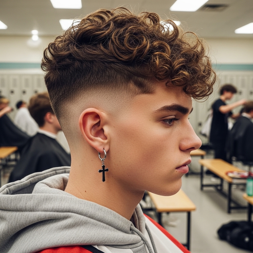 Teens at a gym locker room, some with fresh broccoli-style haircuts.