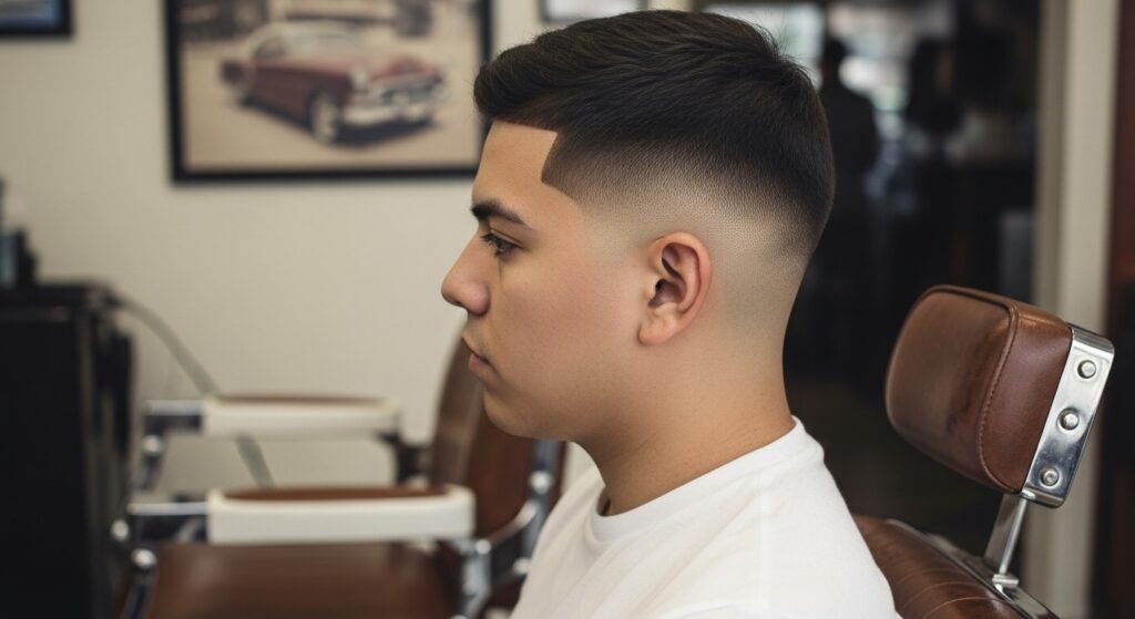 Buzz cut fade haircut on man in barber chair.