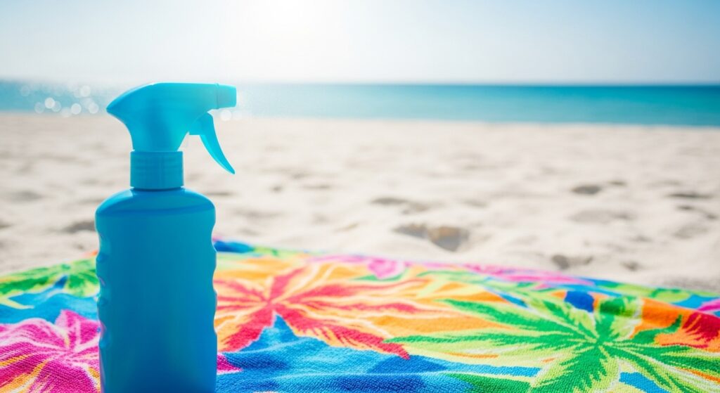 Sun Bum sea salt spray lying on a towel by the ocean.
