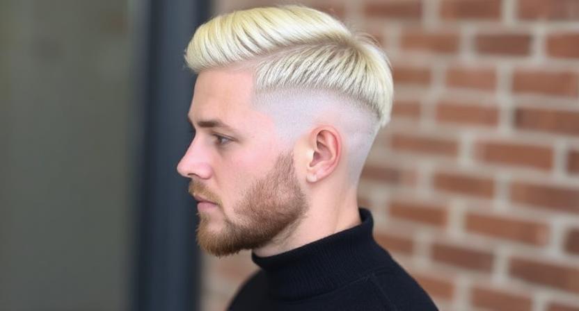 Straight hair that is blonde with a low taper and fade haircut.