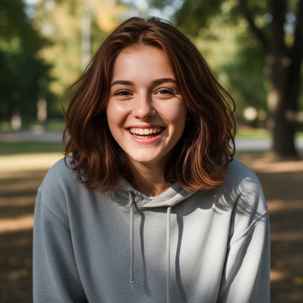 Teenage girl with medium length messy haircut looking cheerful and delighted