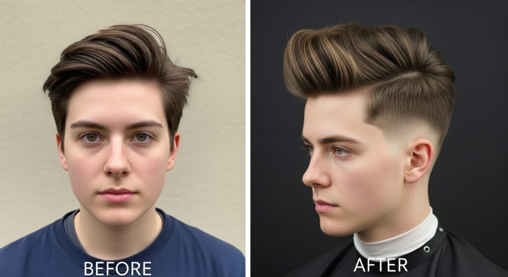 Hairstyle transformation of textured quiff on man with oval face