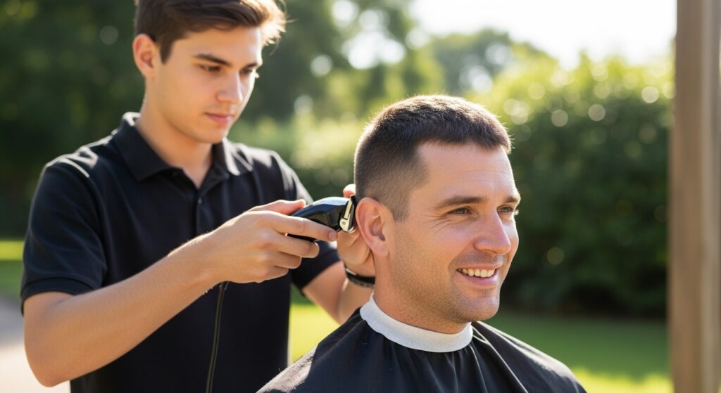 A man with an extremely short buzz cut is smiling confidently.