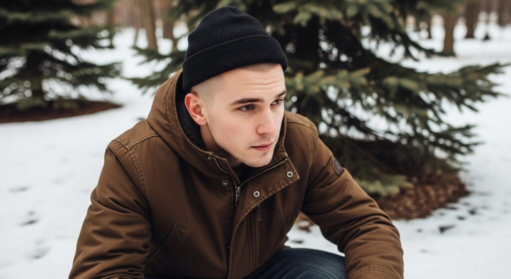 Buzz cut fade hairstyle with winter hat.
