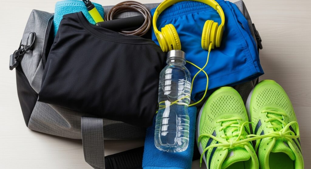 Bumble and Bumble surf spray in a man’s gym gear setup.