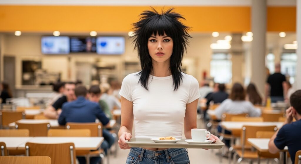 The woman is enjoying a cup of coffee with her shoulder-length hair and bangs.