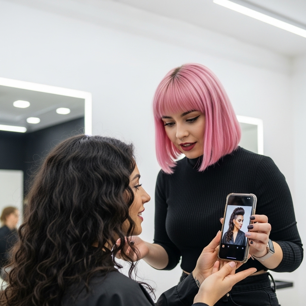 woman showing her hair to a stylist with the help of a smartphone