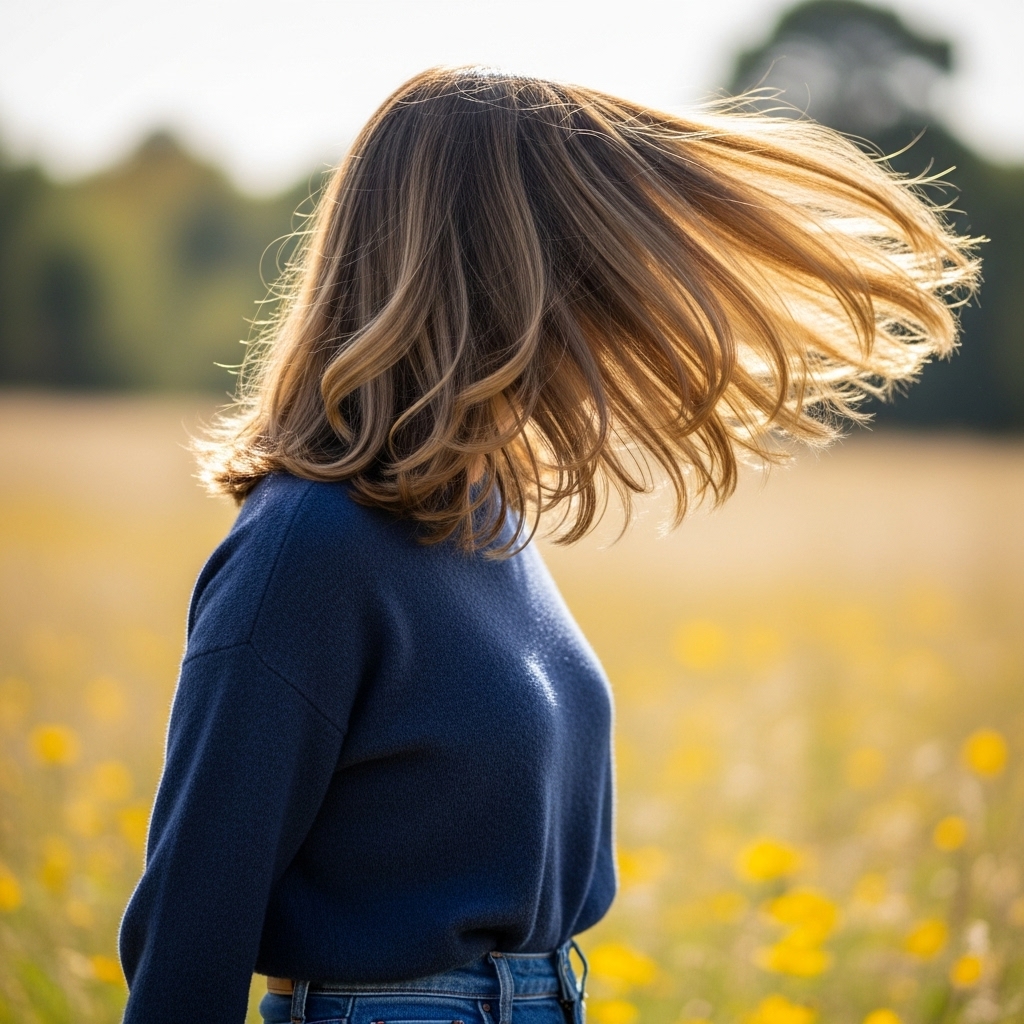 A woman with medium length hair and a large number of layers, all of equal length, being blown by the wind
