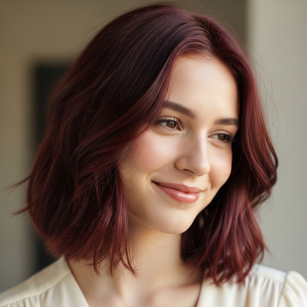 A young lady with fine hair adopting a mid-length textured bob, a slightly smiling face