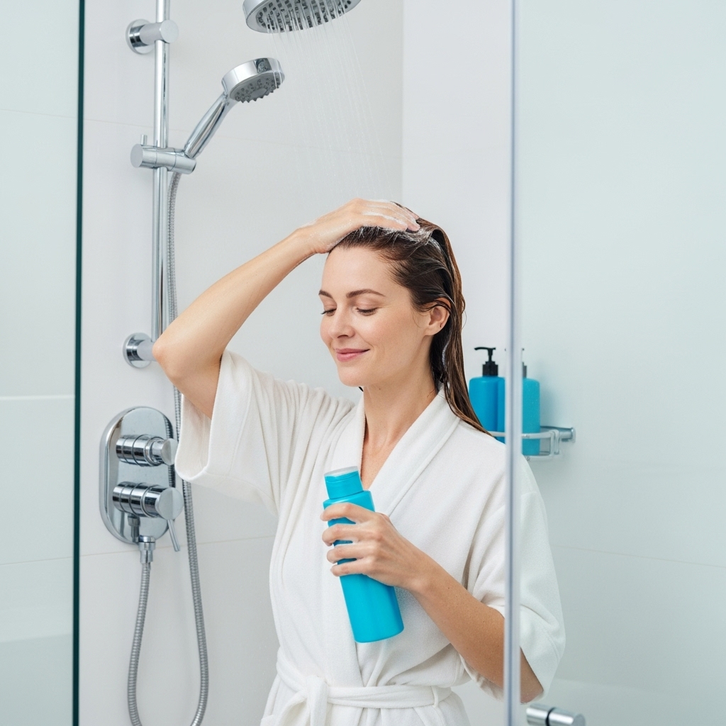 woman washing hair in the shower, holding shampoo bottle in her hand
