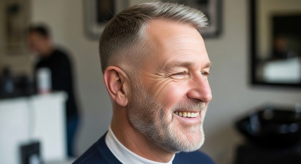 An older man with gray hair in a tidy and short-length haircut and facial hair being kept at a minimum.