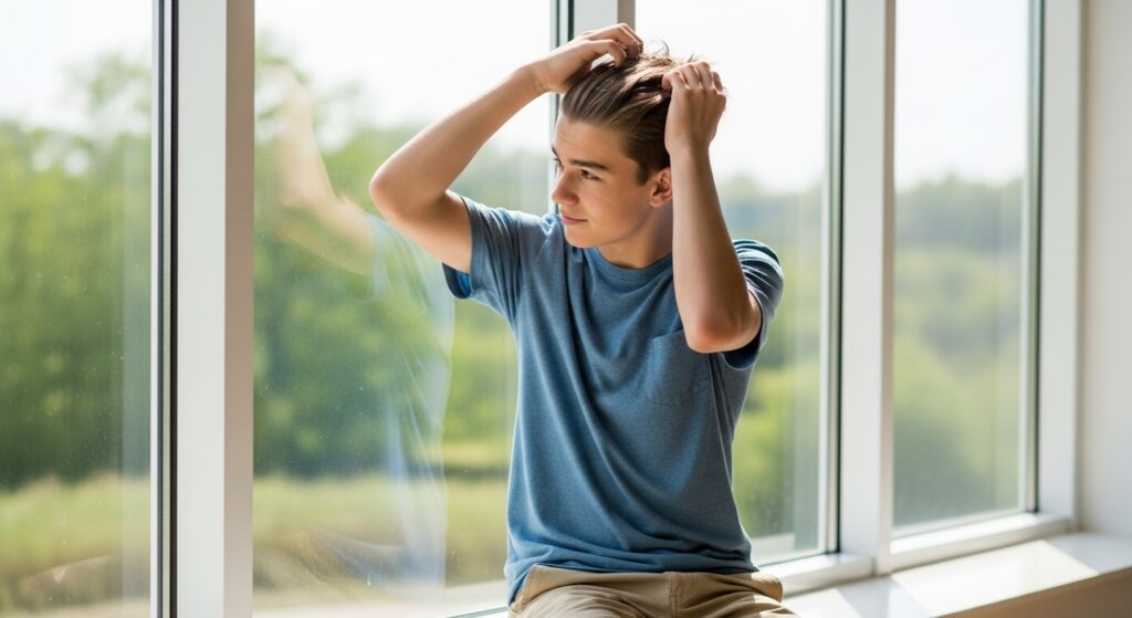 A casual-dressed boy fixing his hair by the glass to appear more attractive.