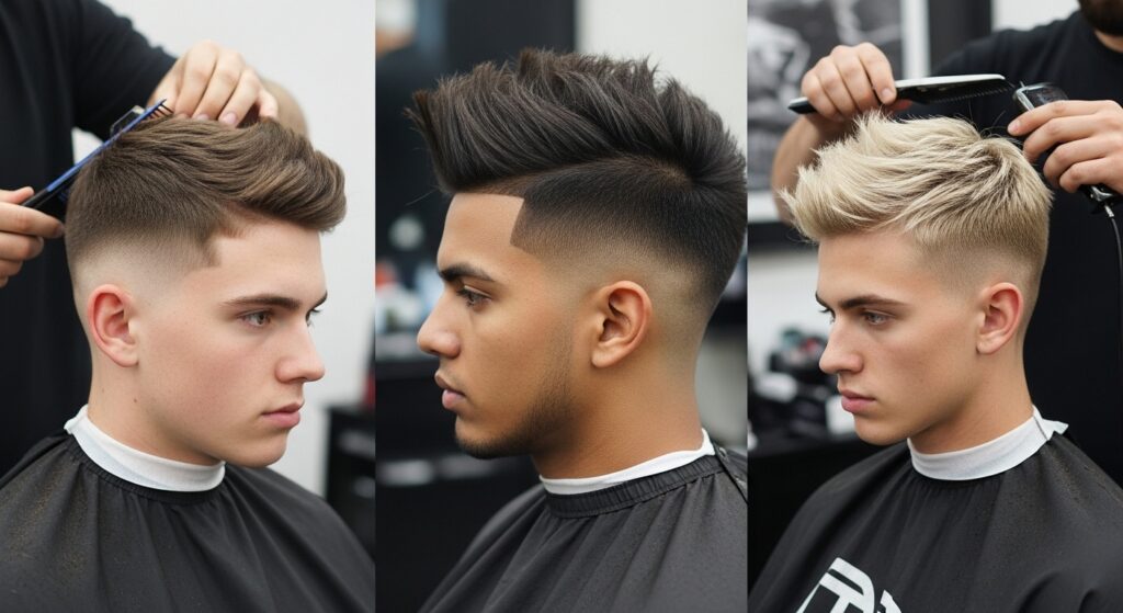 A modern barbershop with a number of short hairstyles being done.