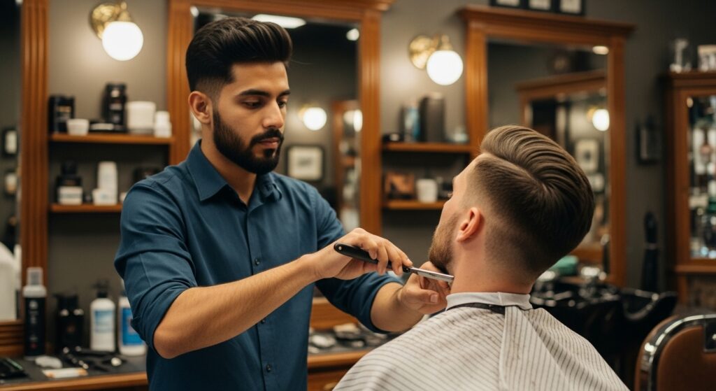 A hairdresser using a straight razor to clean the client's neckline in an elegant barbershop.