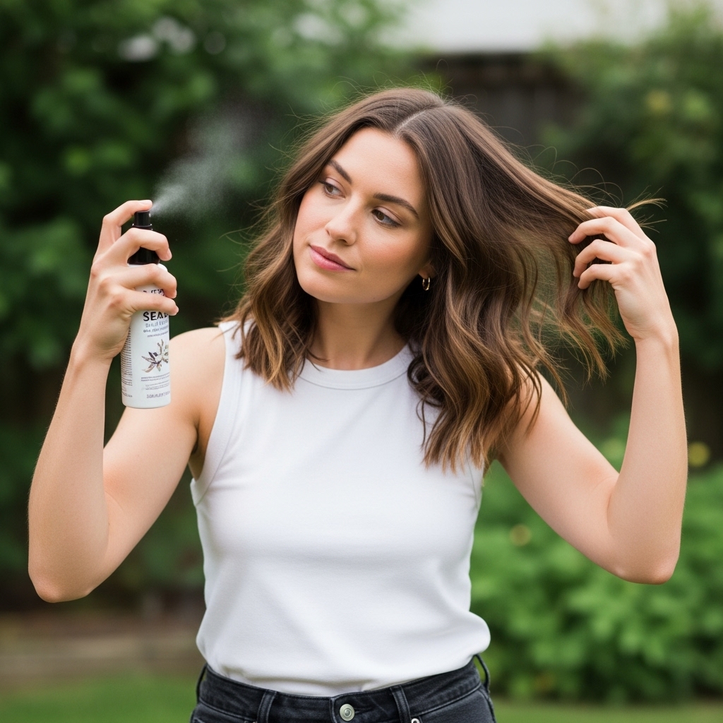 A woman is adding sea salt spray to her medium-length layered hair