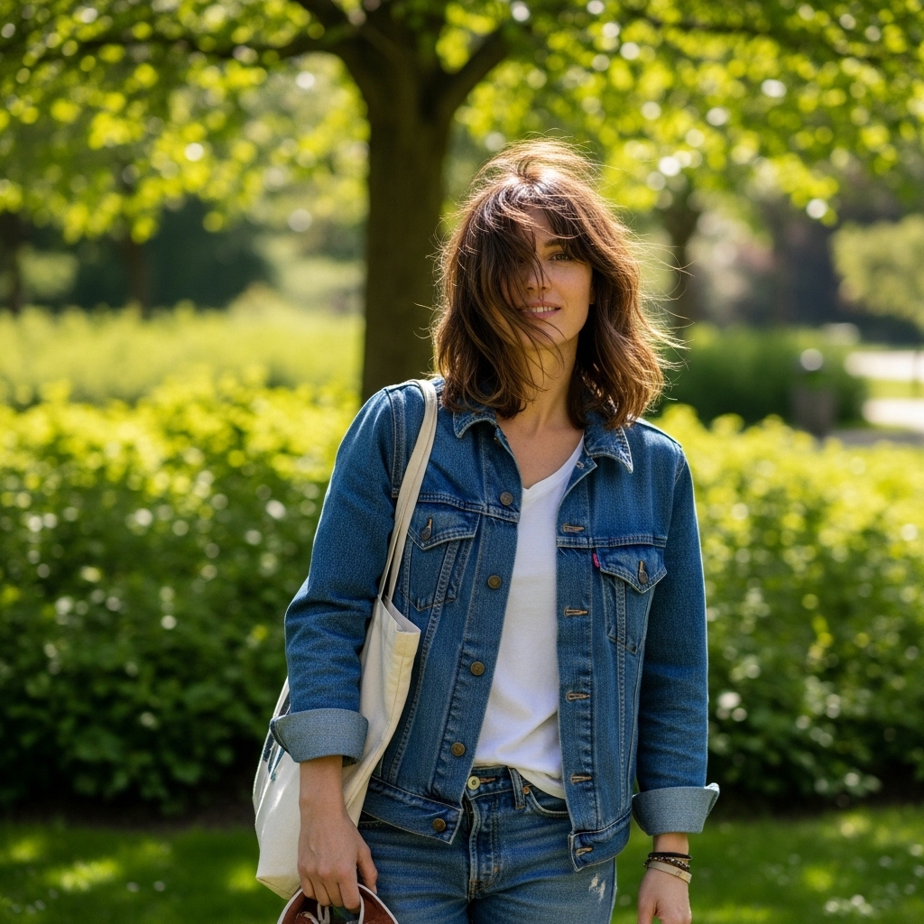 A woman with a tousled casual look carrying a medium length hairstyle, layered and standing outdoors casually