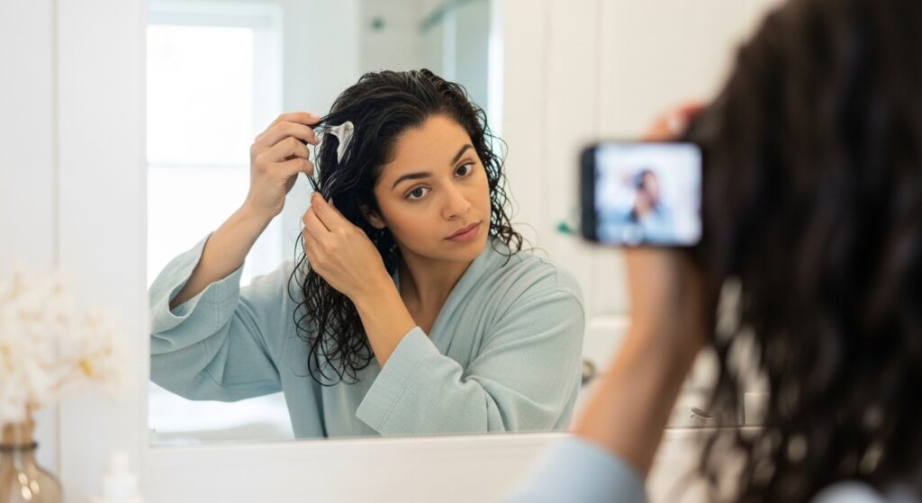 A woman applying curl cream to her curly mullet in the bathroom mirror