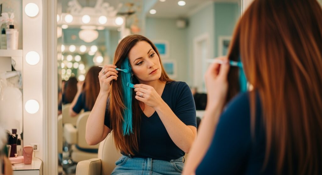 Applying honey blonde hair dye to lengths of hair.