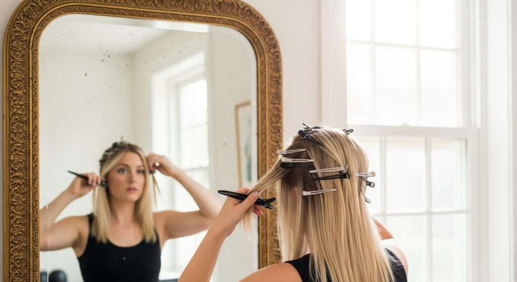Dividing hair for even honey blonde dye application.