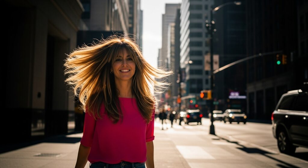 Woman with layered shoulder-length haircut flipping her hair.