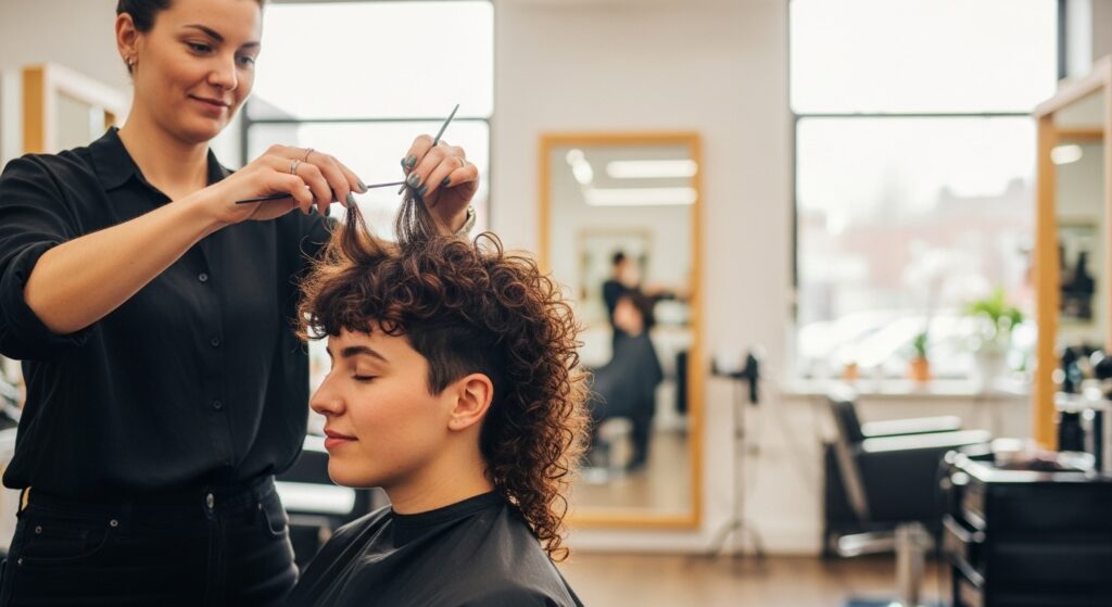 Hairstylist shaping a layered curly mullet on a woman in a salon chair