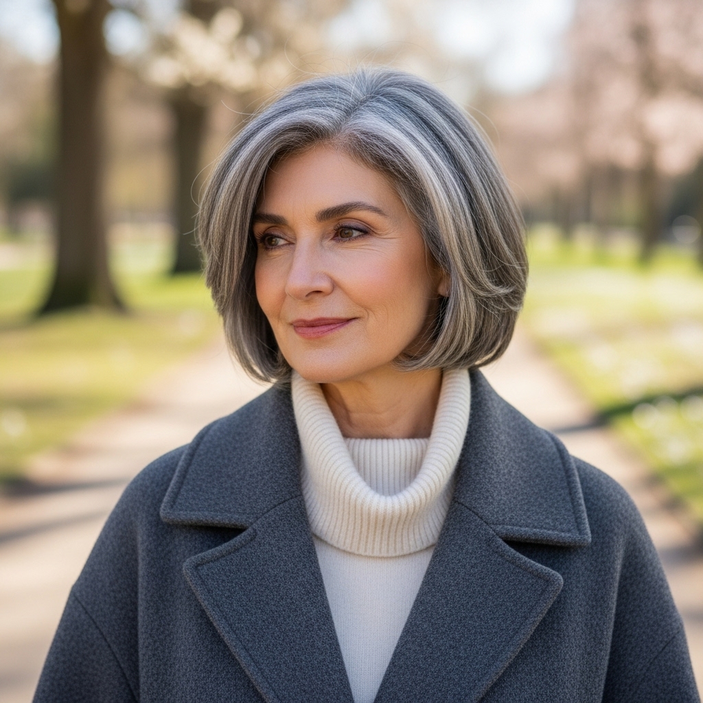 Woman over 50 with stylish layered bob hair looks happy.