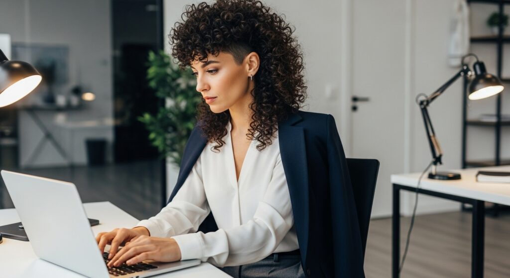  Professional woman with a styled curly mullet working at a desk