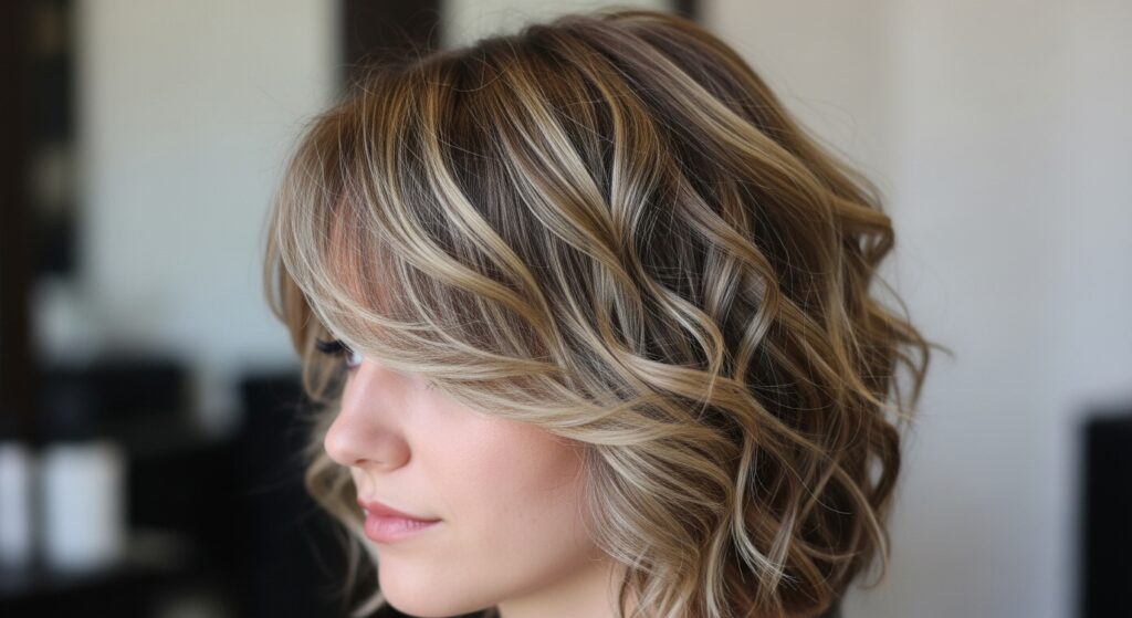  Woman with a shaggy curly cut transitioning into a mullet shape