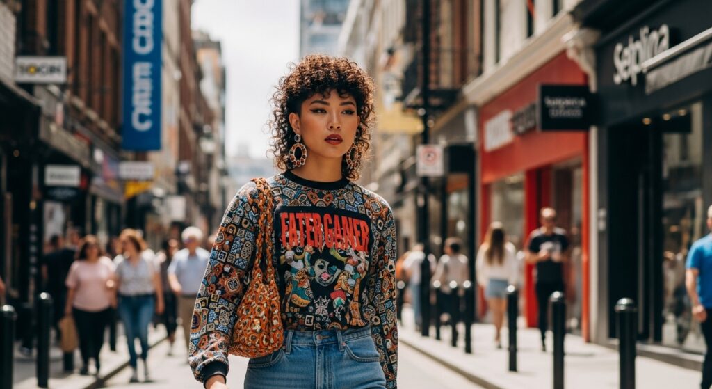 Fashion-forward woman wearing a bold curly mullet on the street