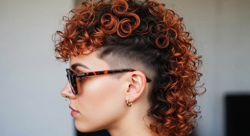 Woman with highlighted curly mullet styled with side part
