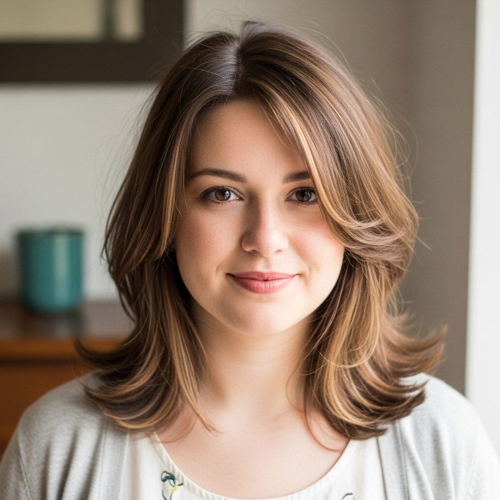 A lady who has a round face and the same hair as the one in the image is with layered medium length haircut and side bangs