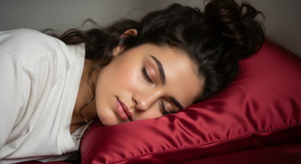  Close-up of a woman with curly hair mullet resting on a satin pillow