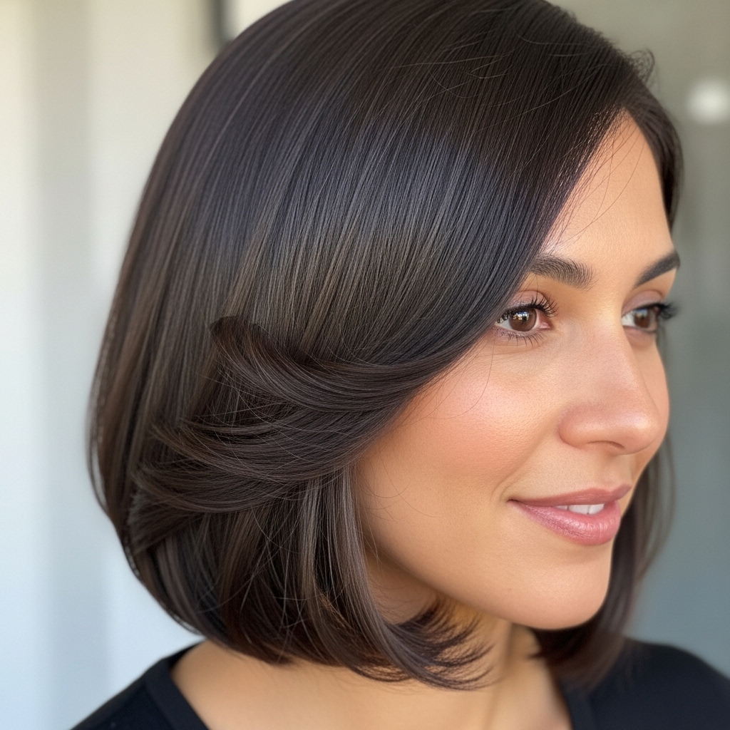 Woman with medium length bob haircut which is either a little tight or a little curly on the ends