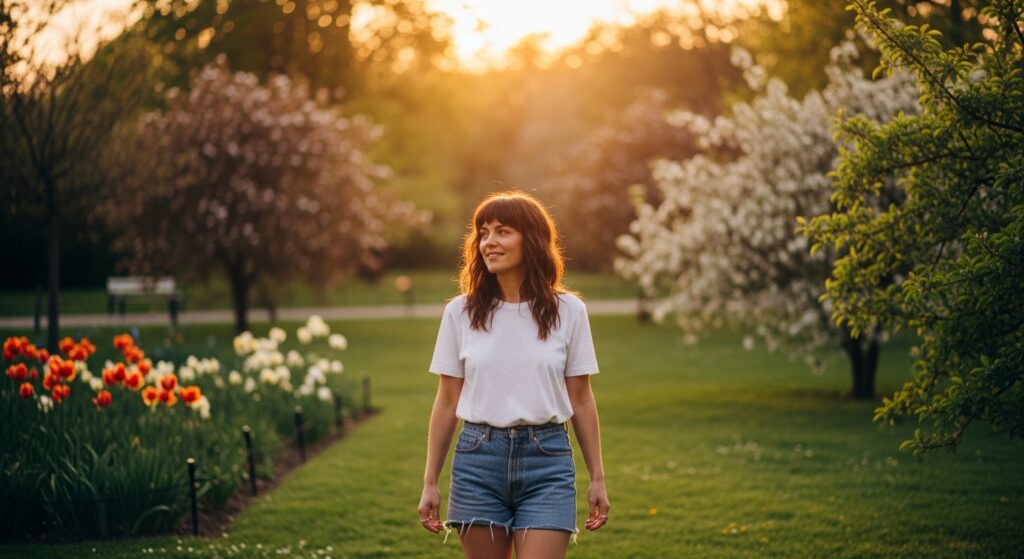 Woman with soft shag shoulder-length haircut outdoors.